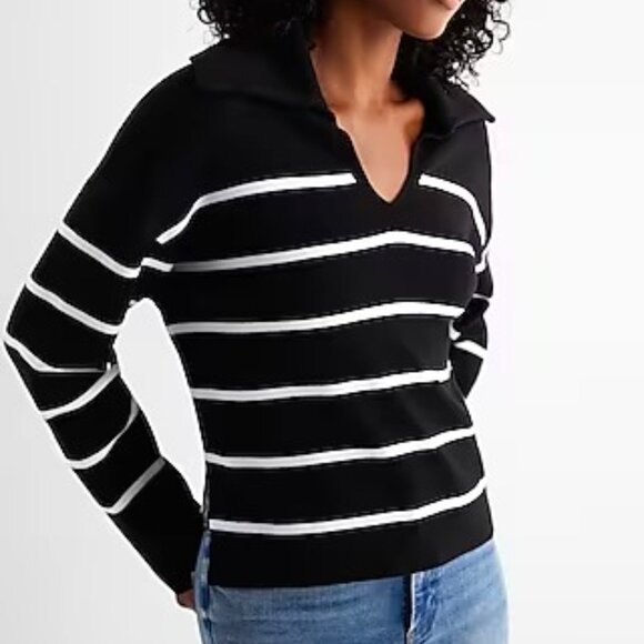 EXPRESS Relaxed Striped V-Neck Cropped Polo Sweater XL Black & White - Picture 1 of 1